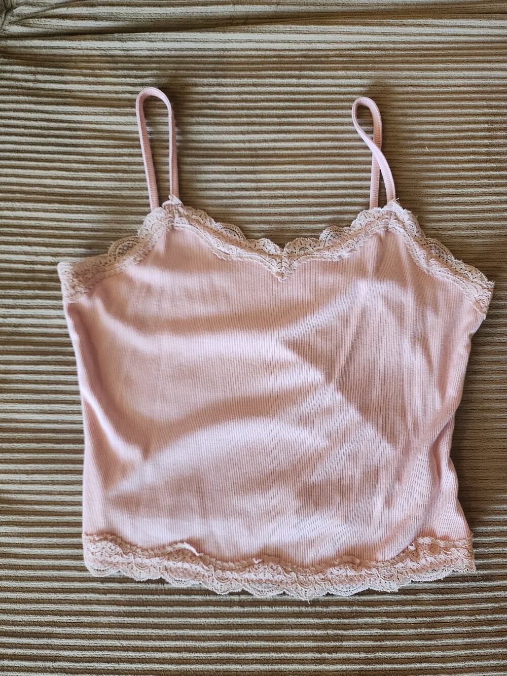 Ribbed Pink Lace-Trim Cropped Cami Tank Top